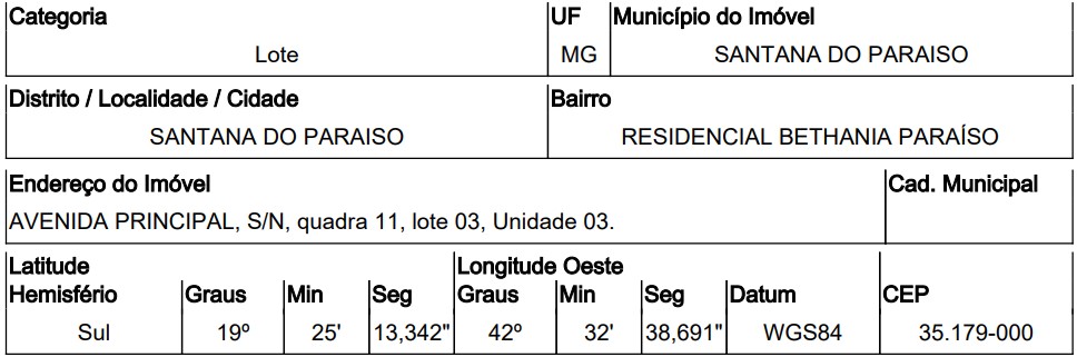 Terreno - Venda, RES BETÂNIA PARAÍSO, SANTANA DO PARAISO, MG